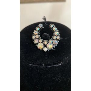 Vintage Pot Metal Horseshoe Brooch with Genuine Pearl and AB Crystals